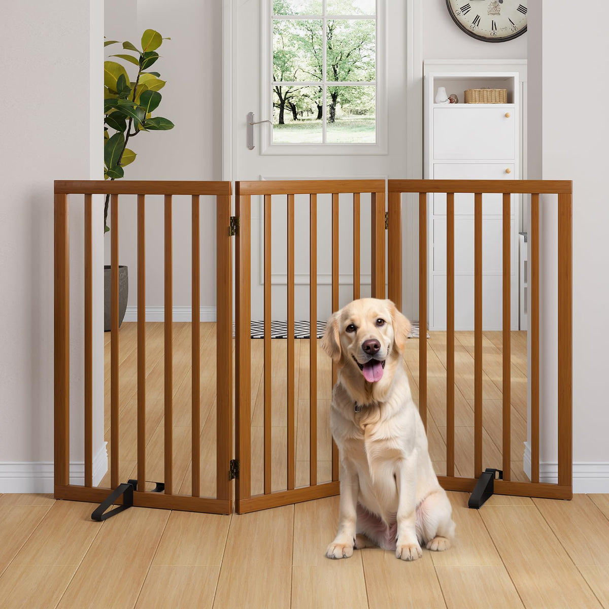 Semiocthome Dog Gate Indoor 2-Panel Freestanding Puppy Gates for The House with 2 Metal Stands 24" H Folding Wood Pet Gate for Stairs Doorway, Fully Assembled Safety Fence - Walnut