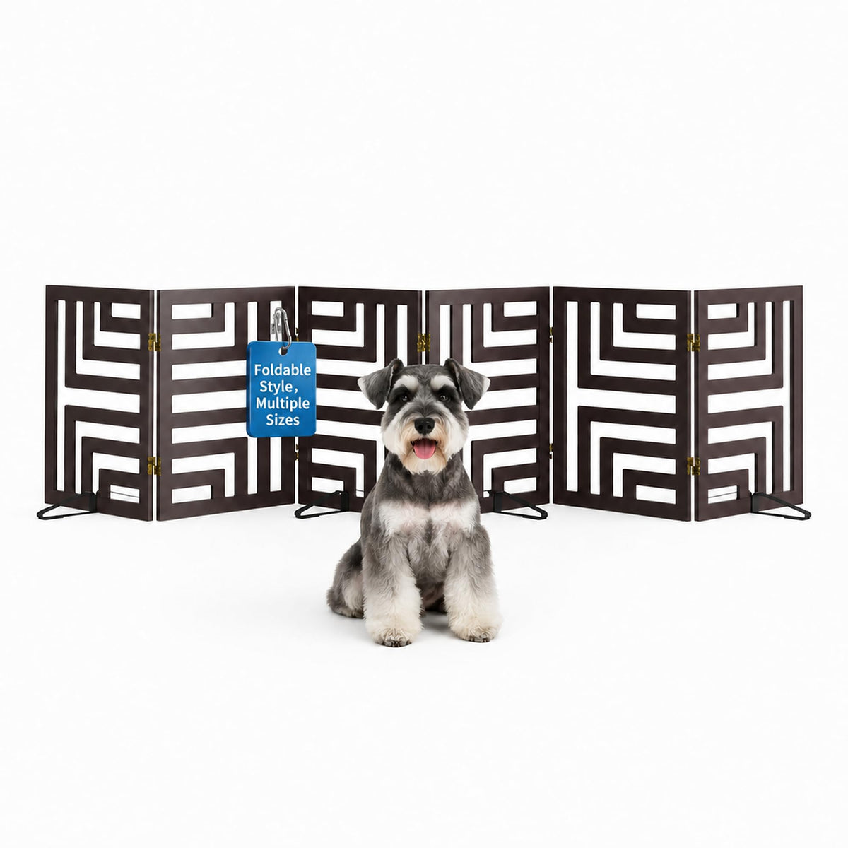 Semiocthome Dog Gate Wooden 360° Foldable 24 Inch Height Freestanding Pet Safety Gate with 2 Metals Stands for Puppy Indoor House Use (Brown, 2-Panel, Rounded Corner Pattern)