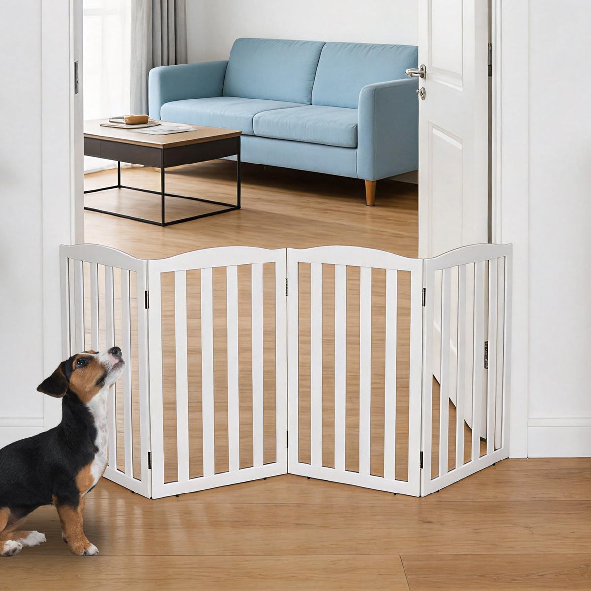 ZJSF Foldable Freestanding Indoor Dog Gate for House Wood White Long Pet Gates Dog Fence for Stairs Puppy Gates for Hallways, Puppy Gate,Support Feet Included, Brown, 24 "Height-3 Panels