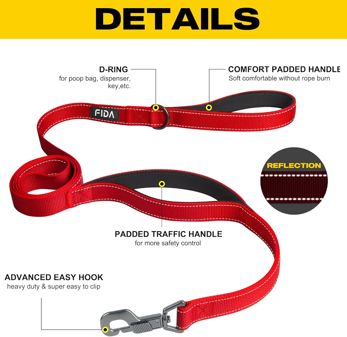 Fida Heavy Duty Dog Leash for Medium Large Dogs, 4 FT, Dual Padded Handles