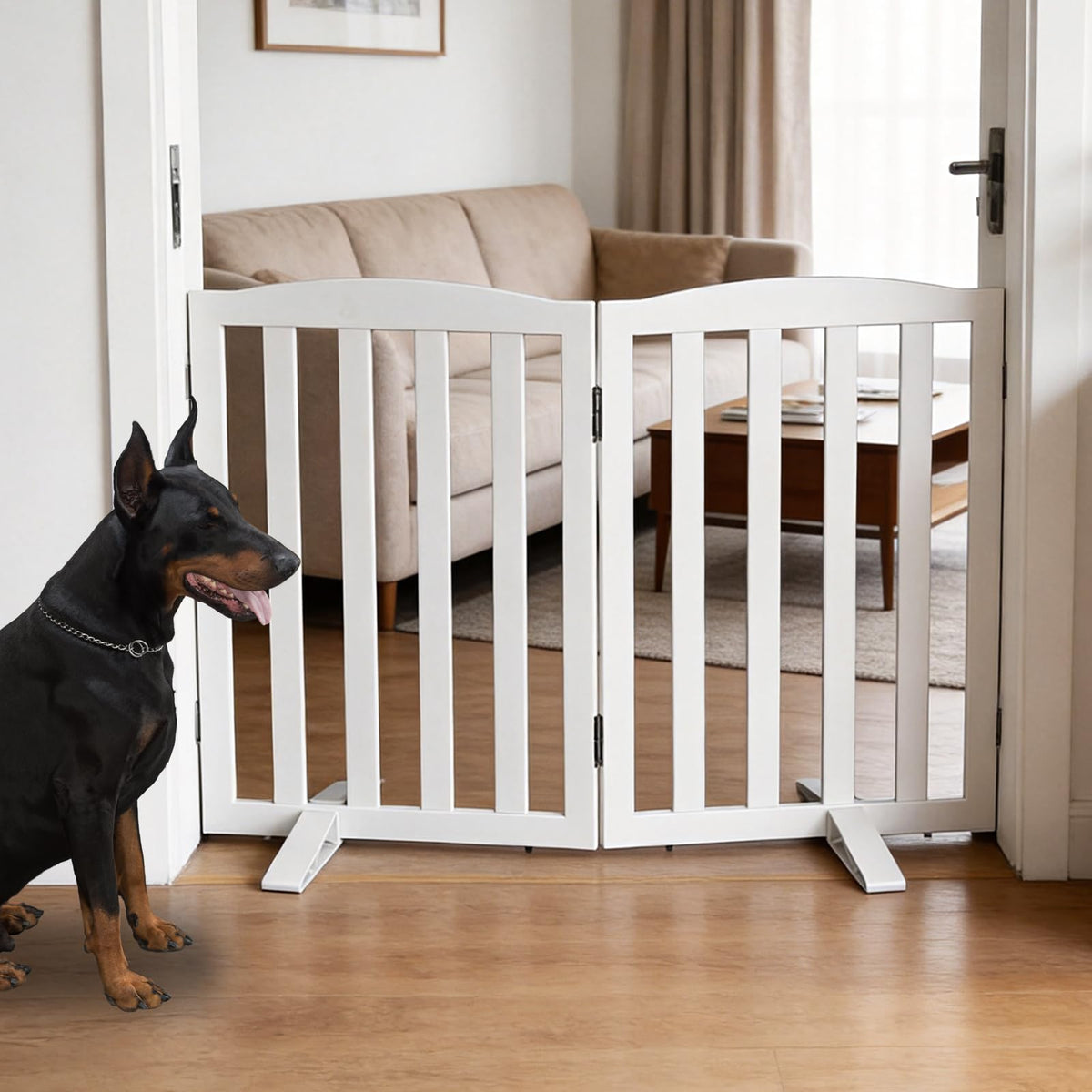 Freestanding Dog Gate Indoor,Doggie Gate Foldable Pet Gates for Doorways,Stairs or Hallways, Wooden Brown Pet Gate for the House, Pet Fence with Support Feet Included,24 "Height-2 Panels