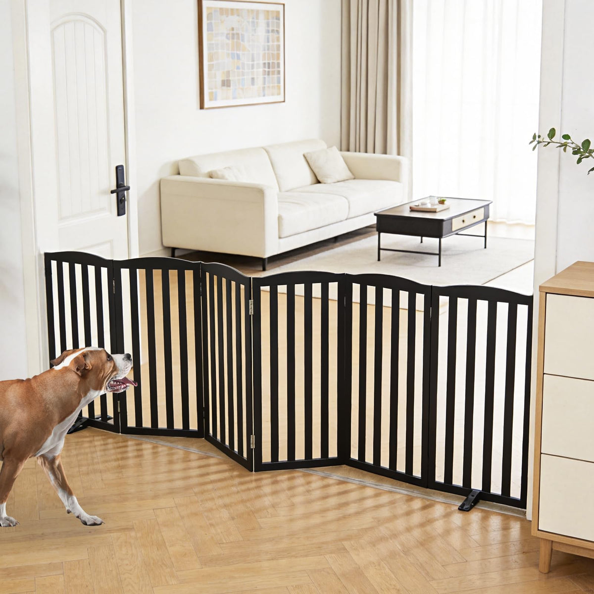 Freestanding Dog Gate Indoor,Doggie Gate Foldable Pet Gates for Doorways,Stairs or Hallways, Wooden Brown Pet Gate for the House, Pet Fence with Support Feet Included,24 "Height-2 Panels