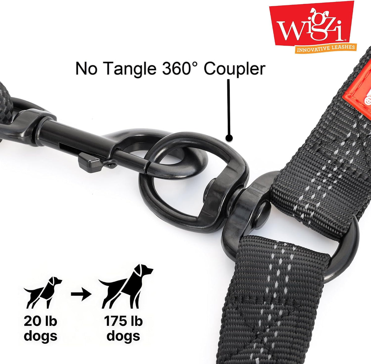 Double Dog Leash, 360° Swivel, No Tangle, for Two Dogs 20-175 lbs, Split Leash, Reflective and Shock-Absorbing Bungee, Padded Handle, Heavy-Duty Rope, Black