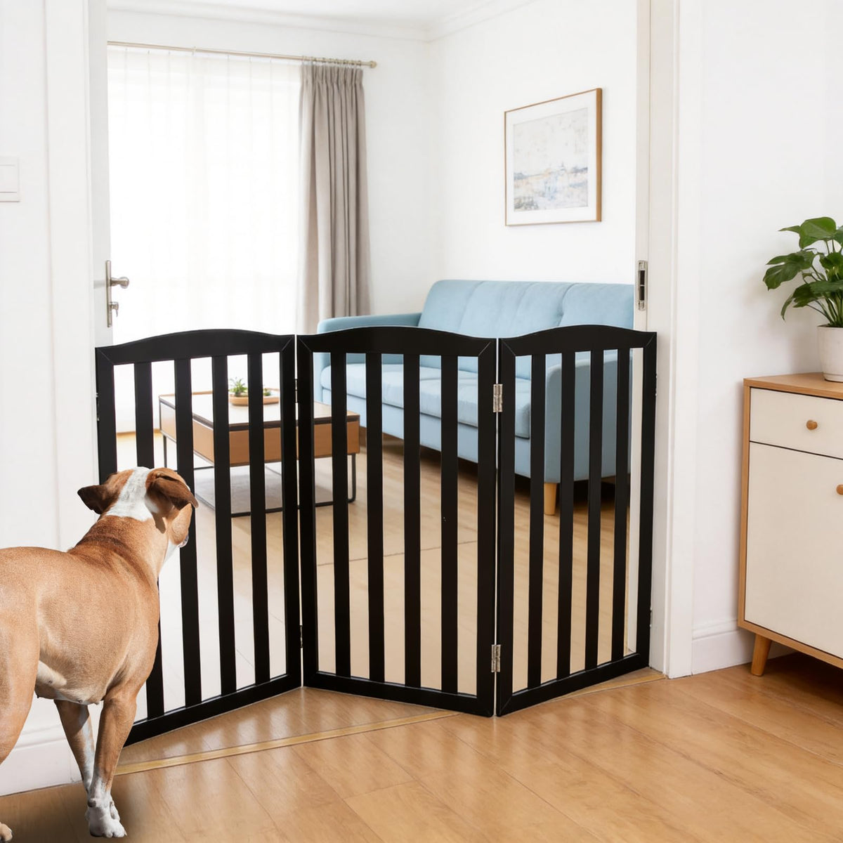 ZJSF Foldable Freestanding Indoor Dog Gate for House Wood White Long Pet Gates Dog Fence for Stairs Puppy Gates for Hallways, Puppy Gate,Support Feet Included, Brown, 24 "Height-3 Panels