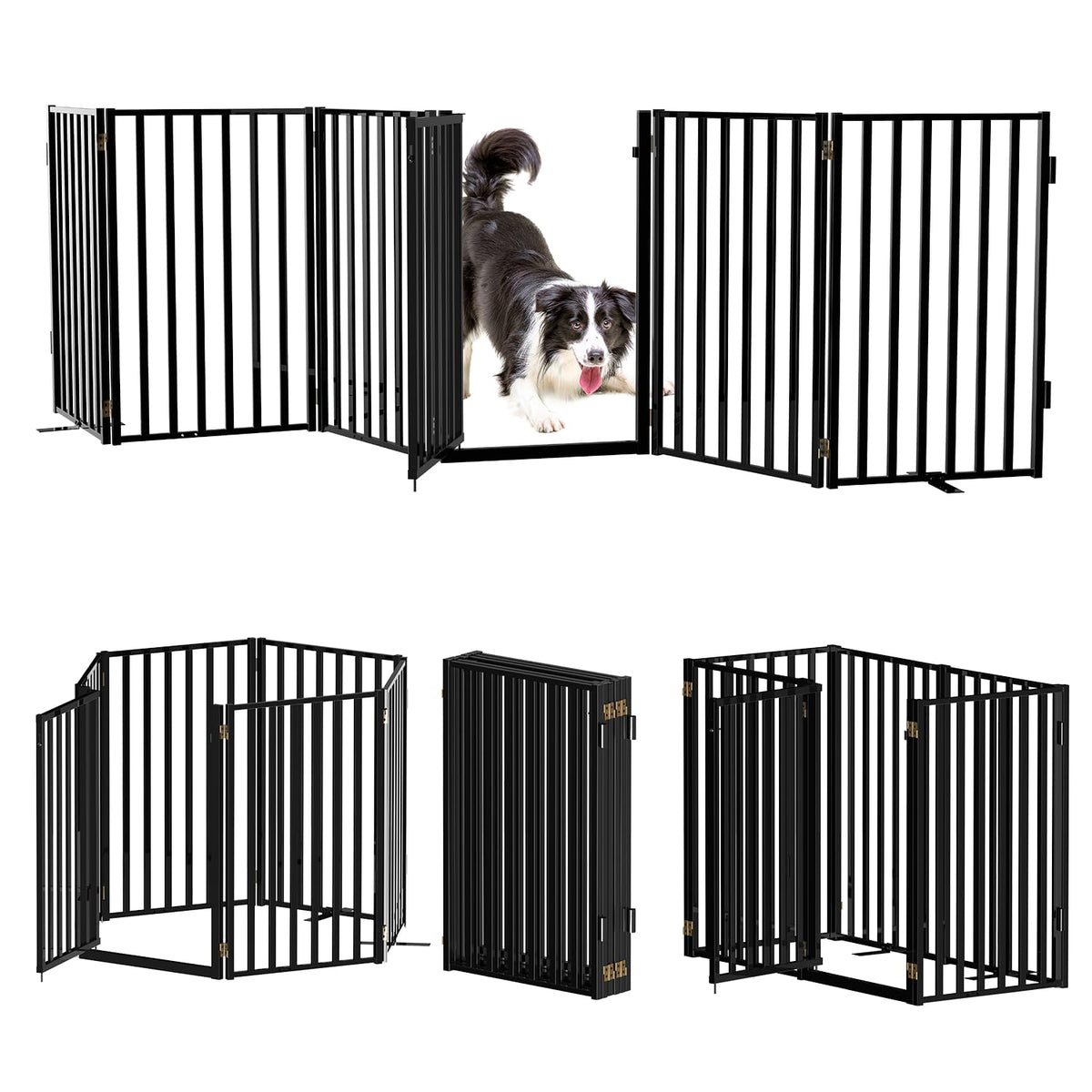 Full Metal Freestanding Dog Gates with Door, 36" Height Dog Fences for Indoor & Outdoor, Extra Wide Foldable Pet Gates for Stairs, Hallways, Doorways, Yard (4 Panels, 80" W × 36" H)