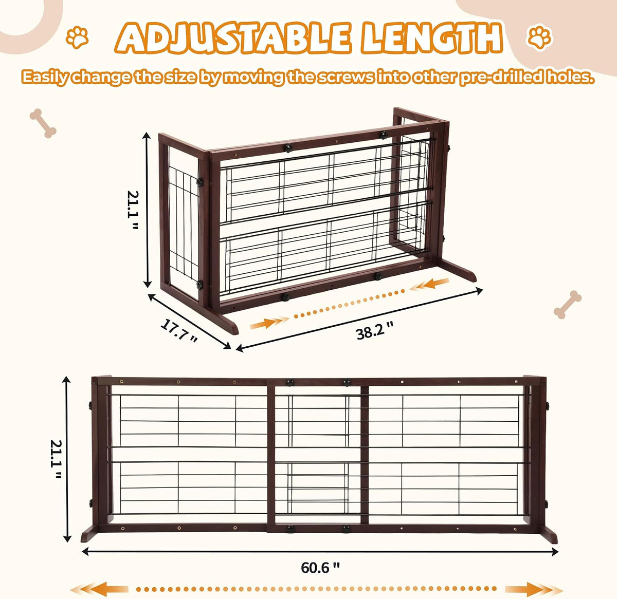 Coziwow 38-67" Freestanding Adjustable Dog Gate, No Drilling, Brown