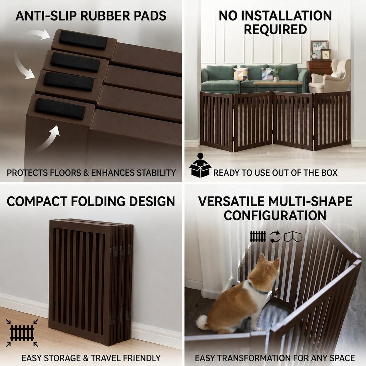 WELLAND Freestanding Dog Gate, Indoor Folding Pet Gate, 3-Panel Espresso