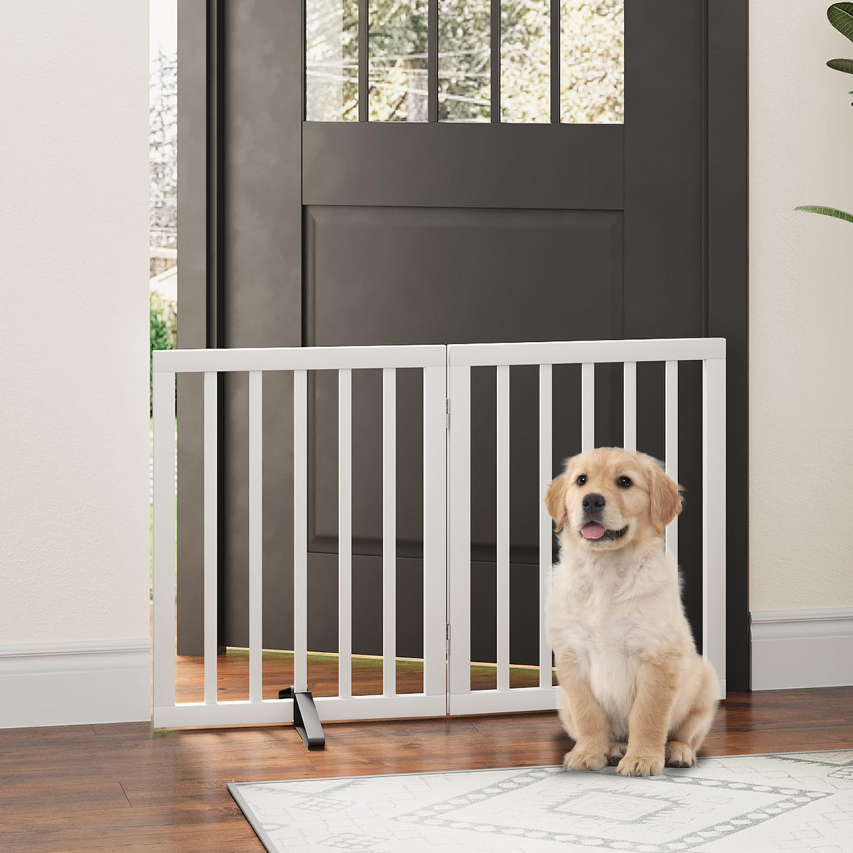 Dog Gates for Doorways, Tall Dog Gate Indoor, Foldable Pet Gates for Doorways Bedroom, Freestanding Puppy Gate with Metal Support Feet, Room Divider,3 Panels (Walnut)