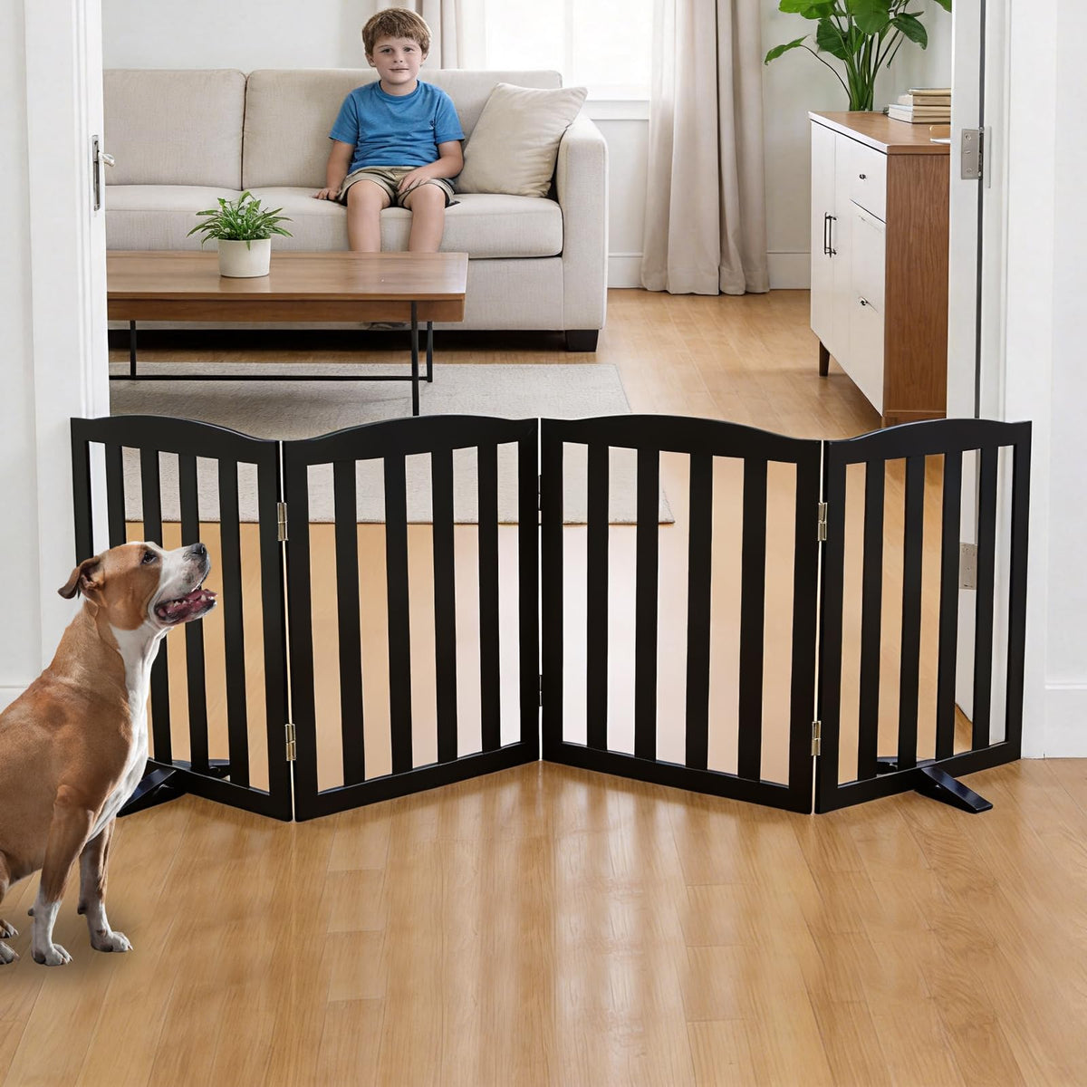 ZJSF Foldable Freestanding Indoor Dog Gate for House Wood White Long Pet Gates Dog Fence for Stairs Puppy Gates for Hallways,Pet Fence, Puppy Gate,Support Feet Included 24 "Height-3 Panels