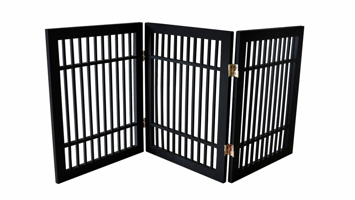 Urnporium Freestanding Wooden Dog Gate Foldable Indoor Pet Gate No Drill Expandable Barrier for Doorways Stairs Hallways Portable Wood Fence for Small Dogs & Puppies (Brown Pet Gate, 3 Panel 24" Tall)