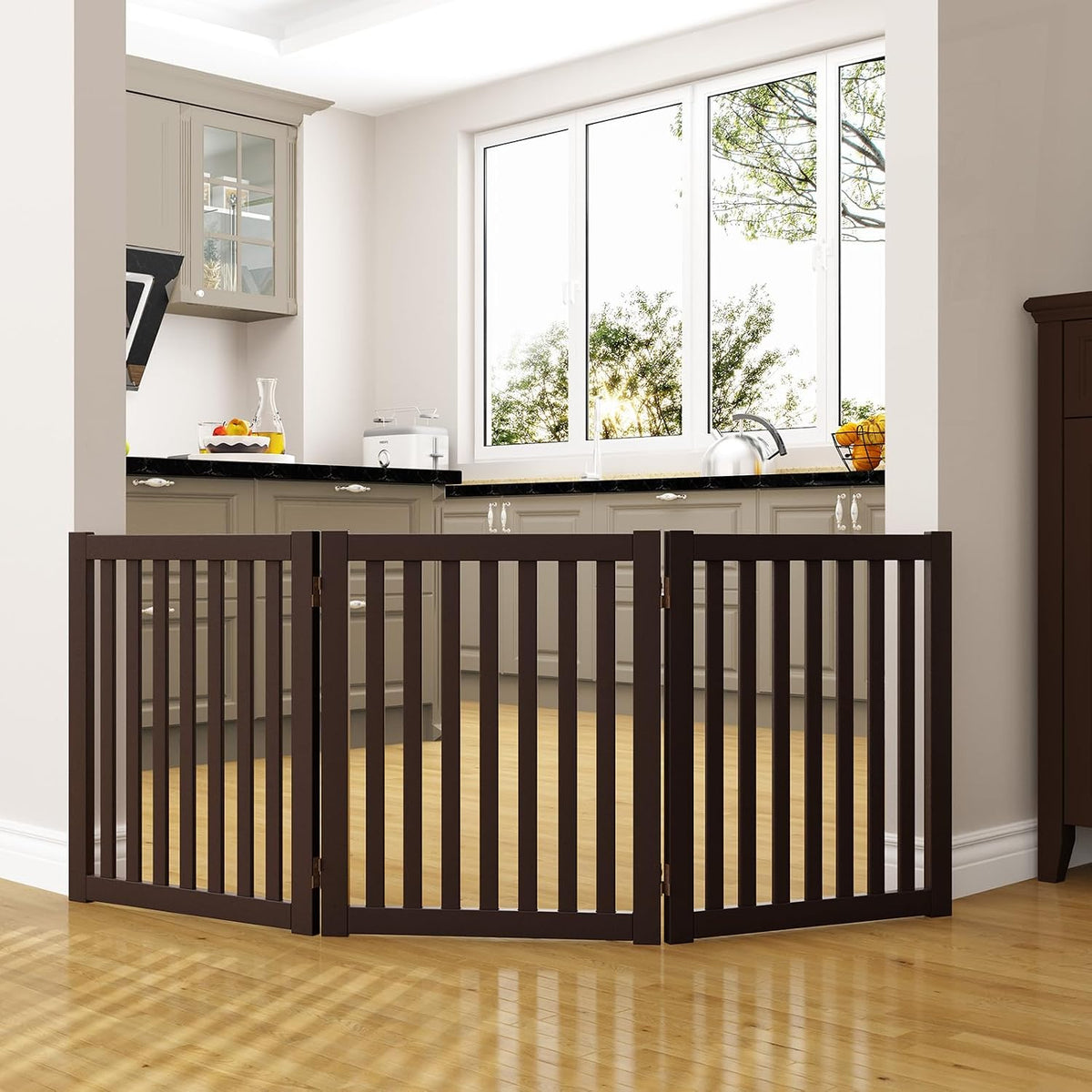 WELLAND Freestanding Dog Gate, Indoor Folding Pet Gate, 3-Panel Espresso