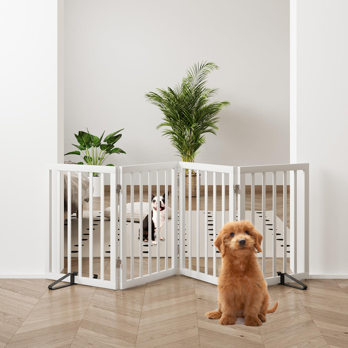 Wooden Dog Gate Freestanding Foldable 4 Panel Pet Gates Extra Wide Dog Gates for Indoor Doorways Stairs 24in Height Support Feet Included