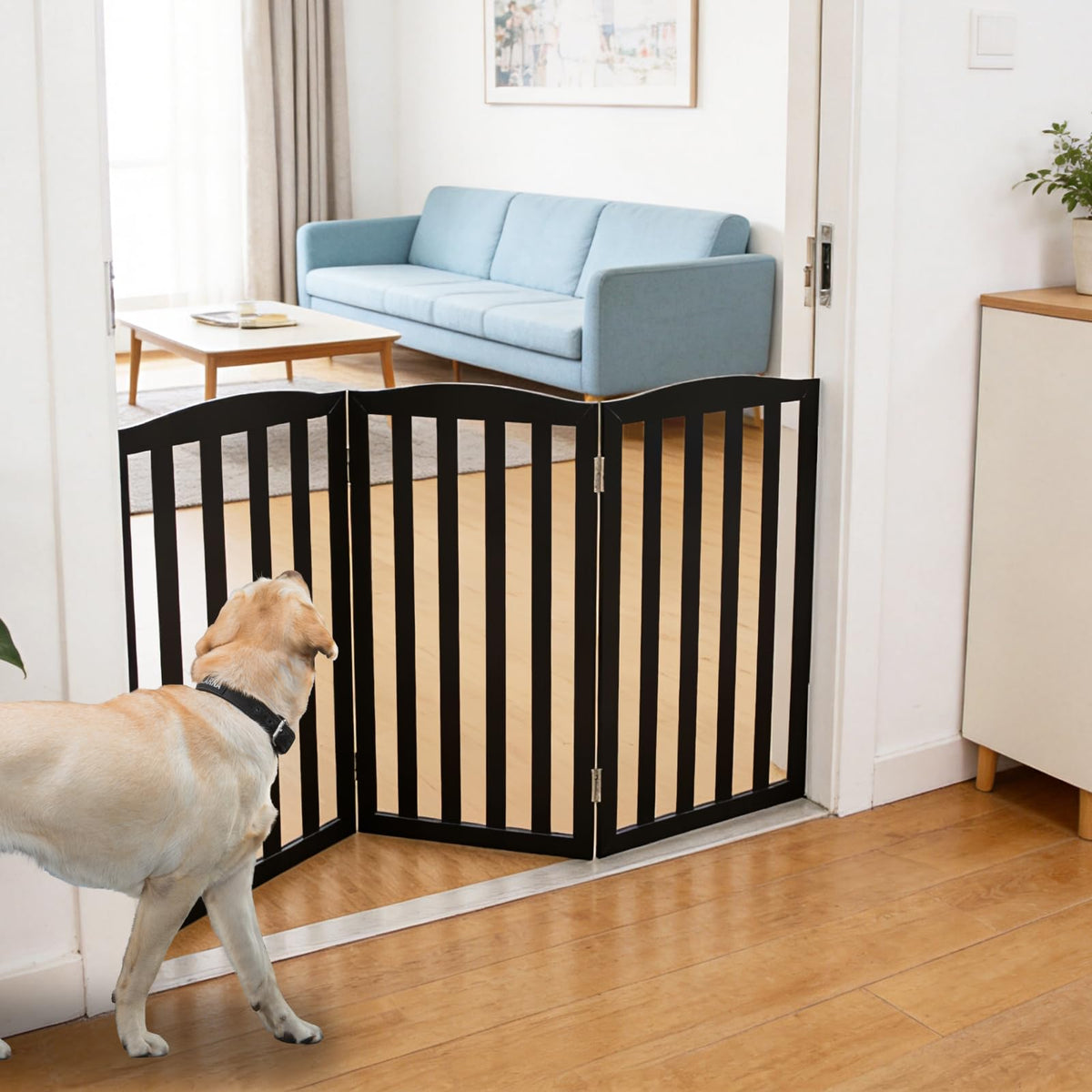 Freestanding Dog Gate Indoor,Doggie Gate Foldable Pet Gates for Doorways,Stairs or Hallways, Wooden White Pet Gate for the House, Pet Fence with Support Feet Included,24 "Height-3 Panels