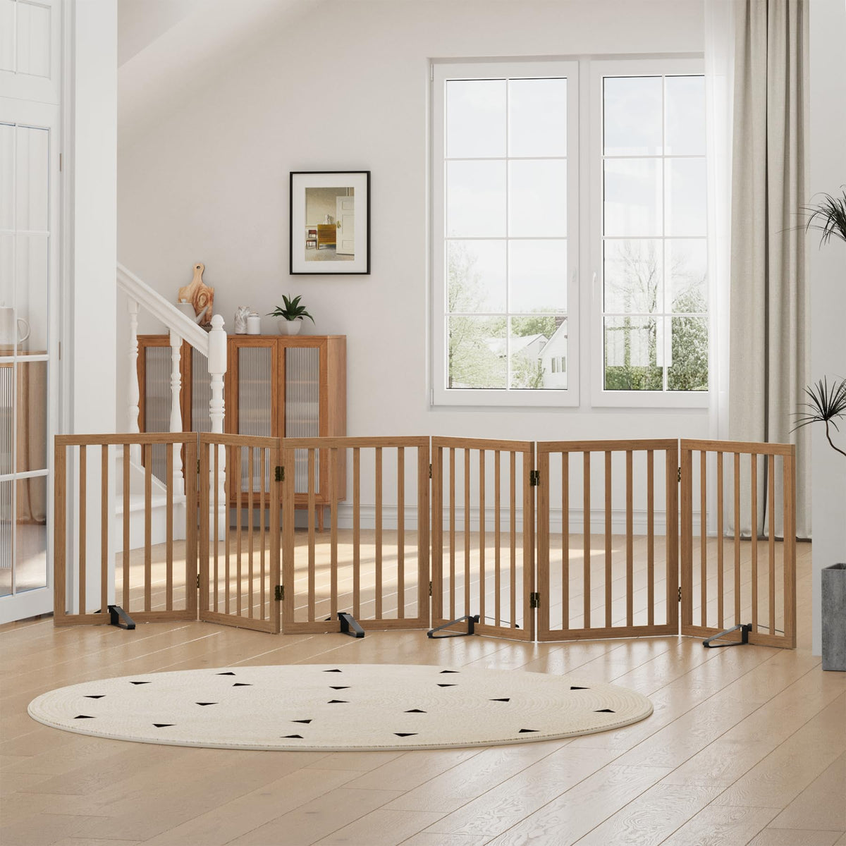Dog Gates for Doorways, Tall Dog Gate Indoor, Foldable Pet Gates for Doorways Bedroom, Freestanding Puppy Gate with Metal Support Feet, Room Divider,3 Panels (Walnut)