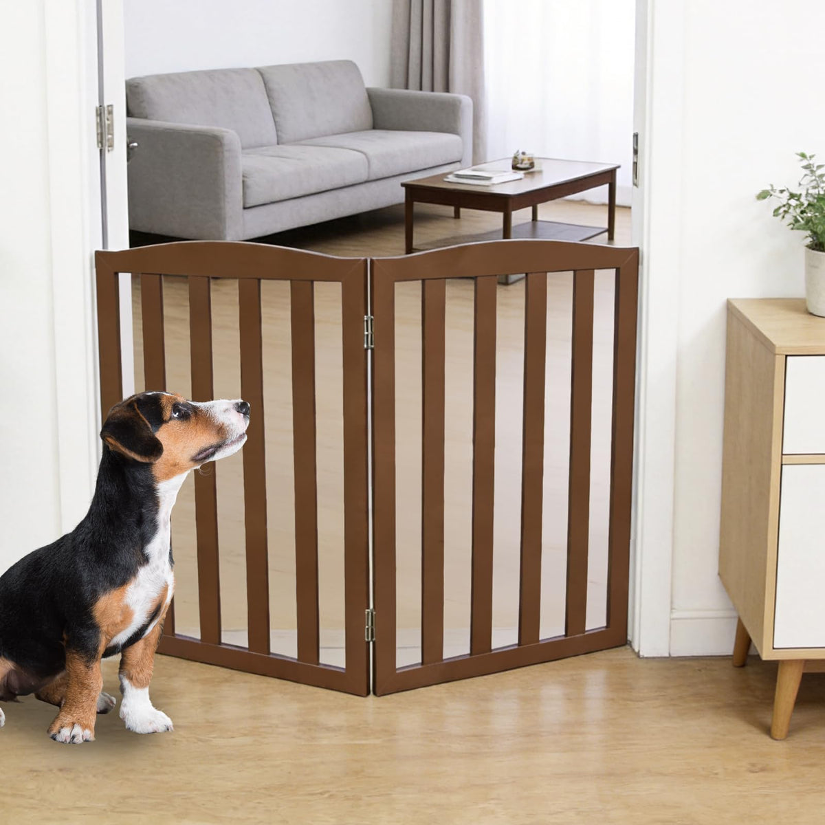 Freestanding Dog Gate Indoor,Doggie Gate Foldable Pet Gates for Doorways,Stairs or Hallways, Wooden White Pet Gate for the House, Pet Fence with Support Feet Included,24 "Height-3 Panels
