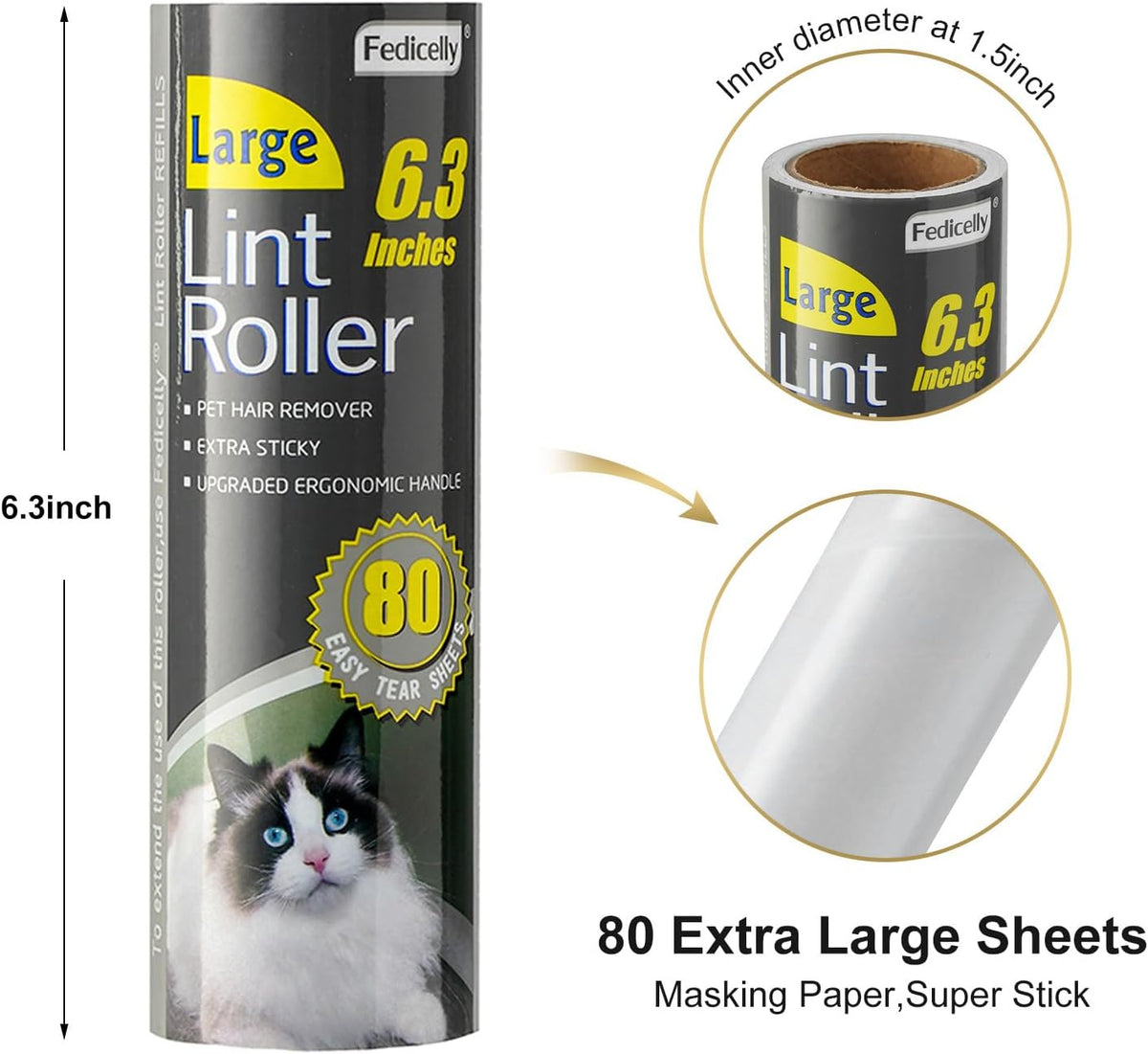 Fedicelly Lint Rollers Pet Hair Extra Sticky Furniture,Cat Dog Hair Remover Laundry Clothes Carpet, 6.3 inches Wider with 320 Sheets Large Lint Remover Brush for Couch