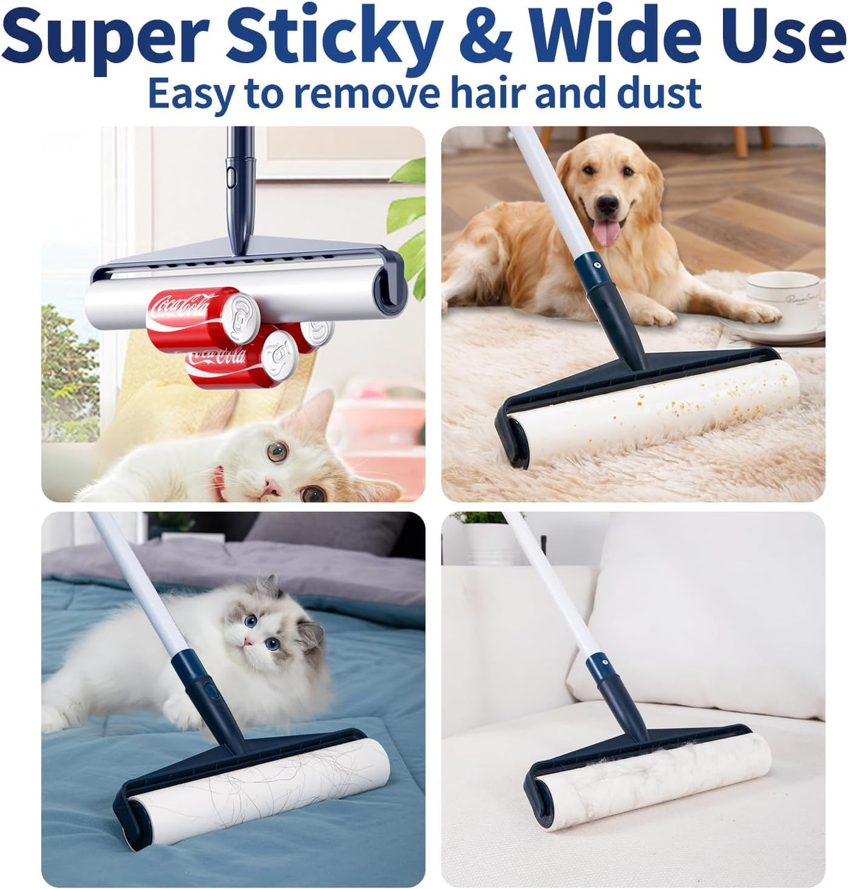 13.8in Large Big XL Jumbo Lint Roller for Floor with Long Handle, Mega Sticky Rollers Pet Hair Remover for Carpet, Bed,Couch，Furniture, Walls, Bathroom & Hair Collector Cleaner with Dog Cat Fur