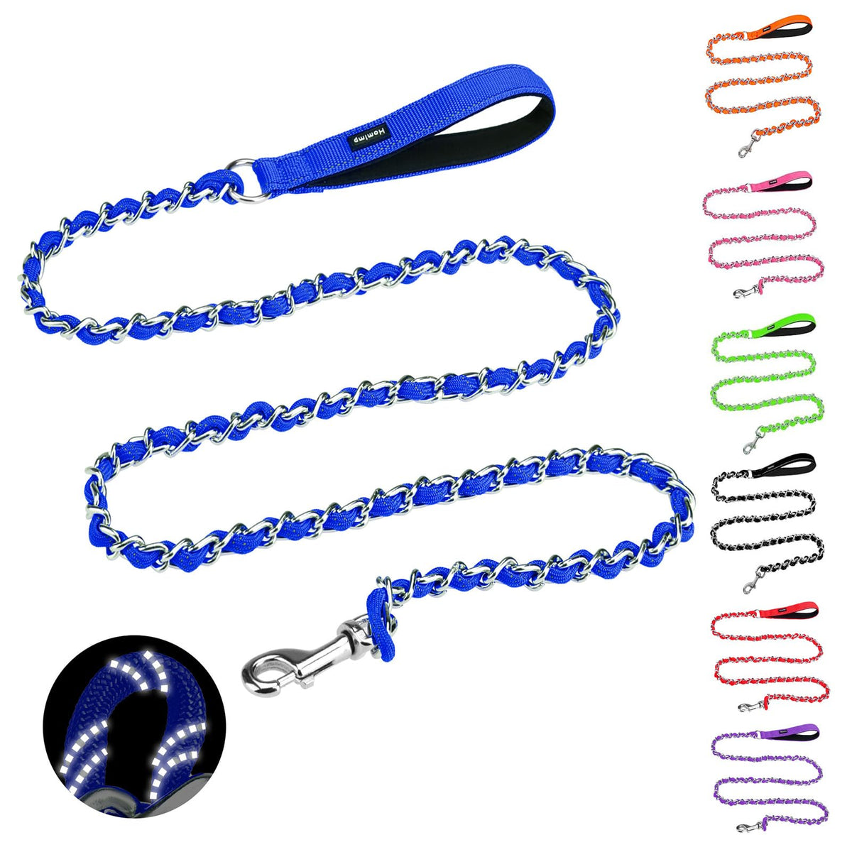 HOMIMP Chew Proof Dog Leash for Medium Large Dogs, Reflective 6 FT Heavy Duty Metal Chain Dog Leashes with Soft Padded Handle, Anti Bite Durable Rope Leashes for Pitbull, Non Chewable