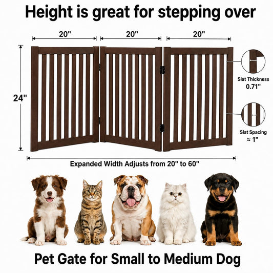 WELLAND Freestanding Dog Gate, Indoor Folding Pet Gate, 3-Panel Espresso