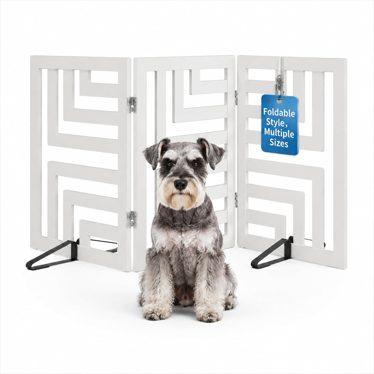 Semiocthome Dog Gate Wooden 360° Foldable 24 Inch Height Freestanding Pet Safety Gate with 2 Metals Stands for Puppy Indoor House Use (Brown, 2-Panel, Rounded Corner Pattern)