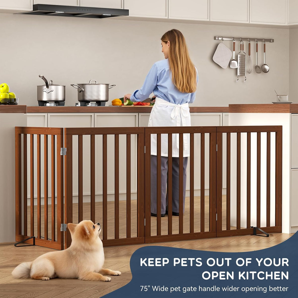 Homykic Freestanding Dog Gate Indoor, 75”W X 24”H Bamboo Pet Gate, Walnut