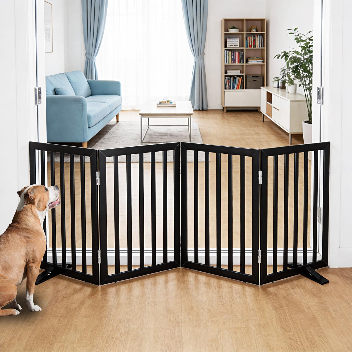 Dog Gate Indoor, Freestanding Dog Fence for The House, Doorways, Hallways,or Stairs,Pet Gate Foldable Wooden,Expandable 24" Height 3 Panels,Brown