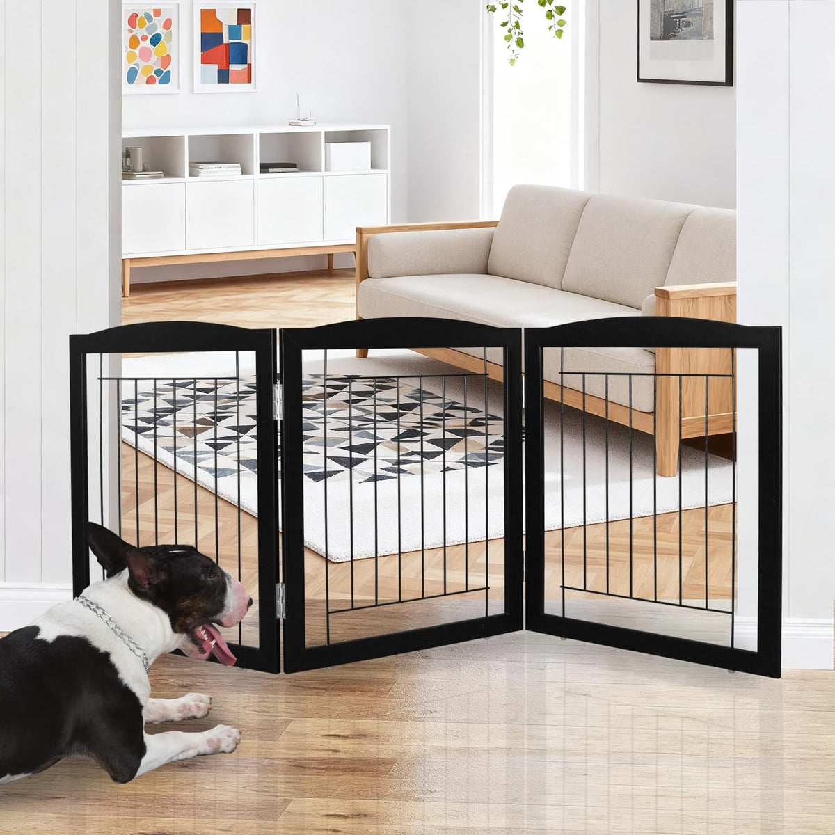 ZJSF Freestanding Foldable Dog Gate for House Extra Wide Wooden White Indoor Puppy Gate Stairs Doorways Pet Gate Tall Dog Fence 3 Panels Fence