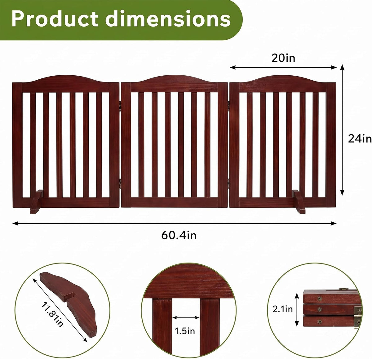 24 Inch Brown Foldable Dog Gate, 3-Panel Freestanding Solid Wood