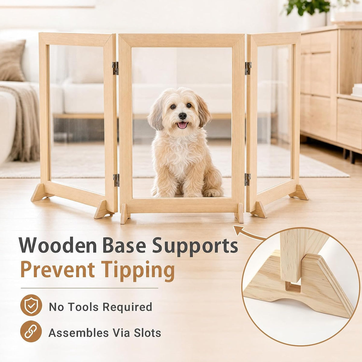 Wood Clear Dog Gate, Clear Acrylic Pet Gate for Dogs, Free Standing Pet Gates with Wooden Legs Prevent Tipping for Doorways, 3-Folding Freestanding Puppy Cat Fence, Dog Barriers for Indoor