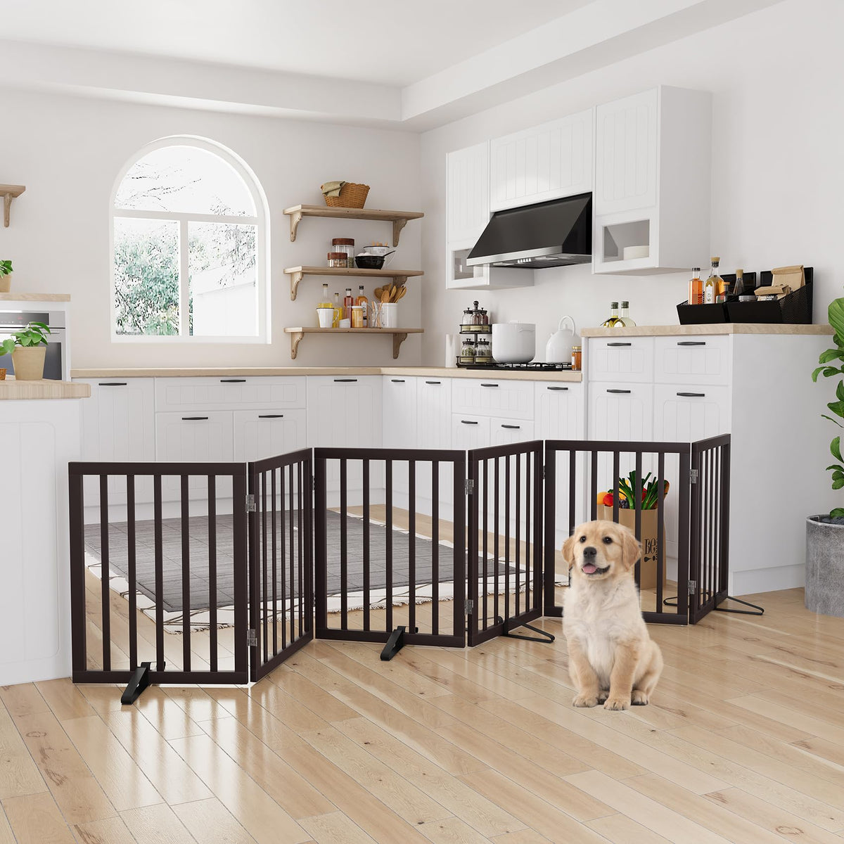 Semiocthome Dog Gate Indoor 2-Panel Freestanding Puppy Gates for The House with 2 Metal Stands 24" H Folding Wood Pet Gate for Stairs Doorway, Fully Assembled Safety Fence - Walnut