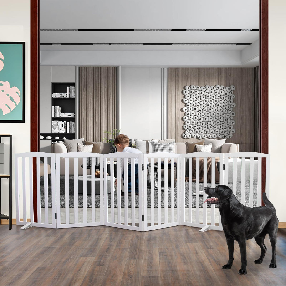 ZJSF Foldable Freestanding Indoor Dog Gate for House Wood White Long Pet Gates Dog Fence for Stairs Puppy Gates for Hallways,Pet Fence, Puppy Gate,Support Feet Included 24 "Height-3 Panels