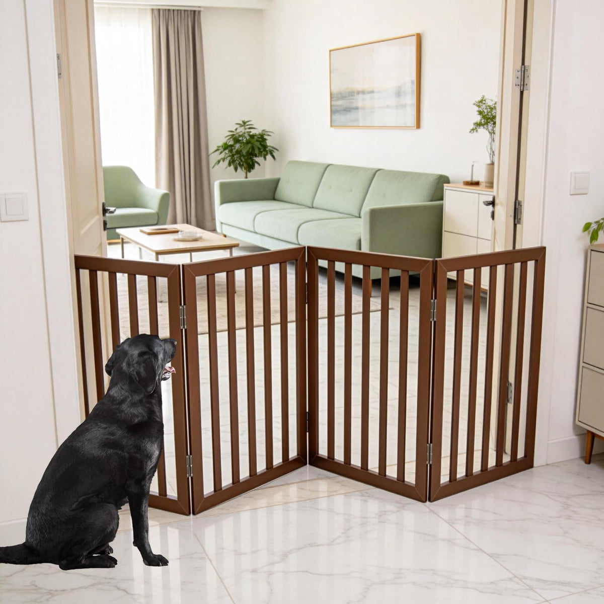 Dog Gate Indoor, Freestanding Dog Fence for The House, Doorways, Hallways,or Stairs,Pet Gate Foldable Wooden,Expandable 24" Height 3 Panels,Brown