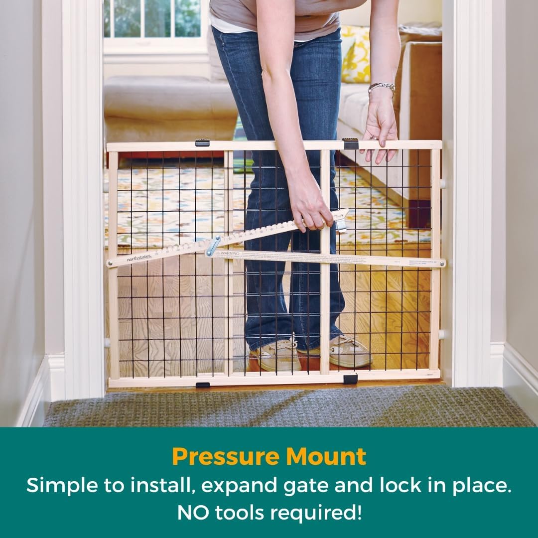 MYPET Wire Mesh Dog Gate: 26.5"-42" Wide Pressure Mounted with No Tools; Expandable, Durable Pet Gates for Doors and Hallways, 23" Tall, Made with Sustainable Hardwood