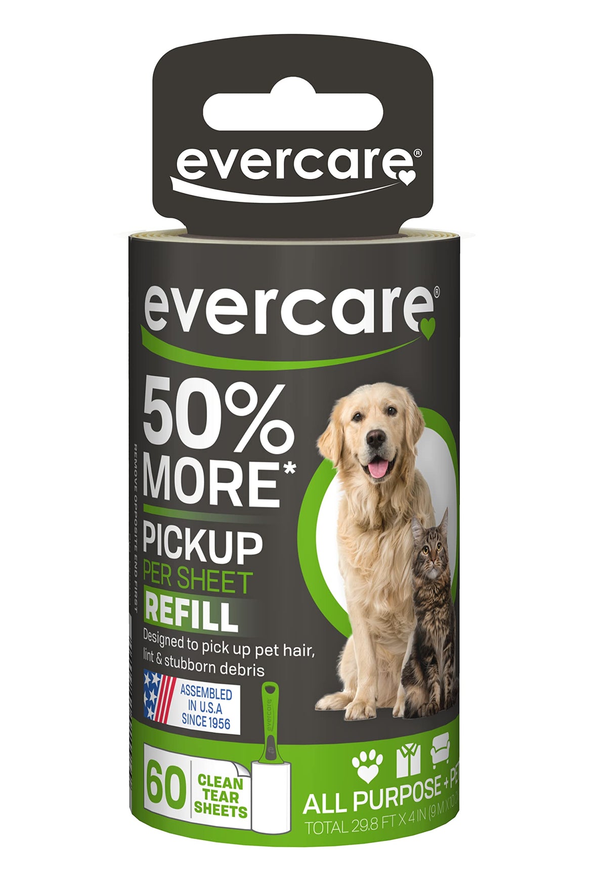 Evercare Pet Lint Roller Refill, Manual Operation, 60 Sheets per Roll, 6 Count Refill Pack for Pet Hair Removal, Green