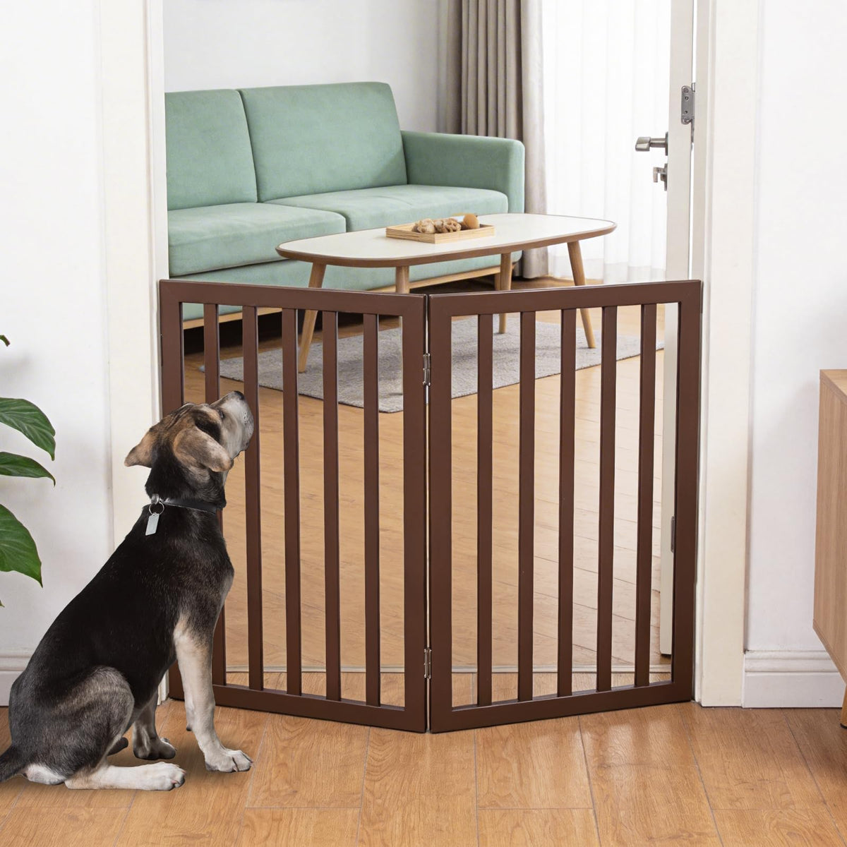 Dog Gate Indoor, Freestanding Dog Fence for The House, Doorways, Hallways,or Stairs,Pet Gate Foldable Wooden,Expandable 24" Height 3 Panels,Brown