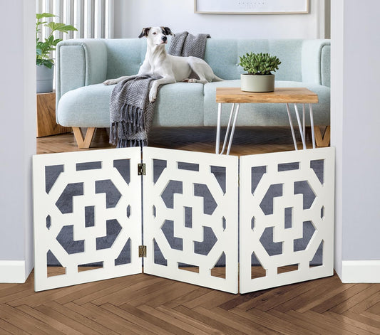 Freestanding Dog Gate Expandable Decorative Wooden Fence for Small to Medium Pet Dogs, Barrier for Stairs, Doorways, & Hallways