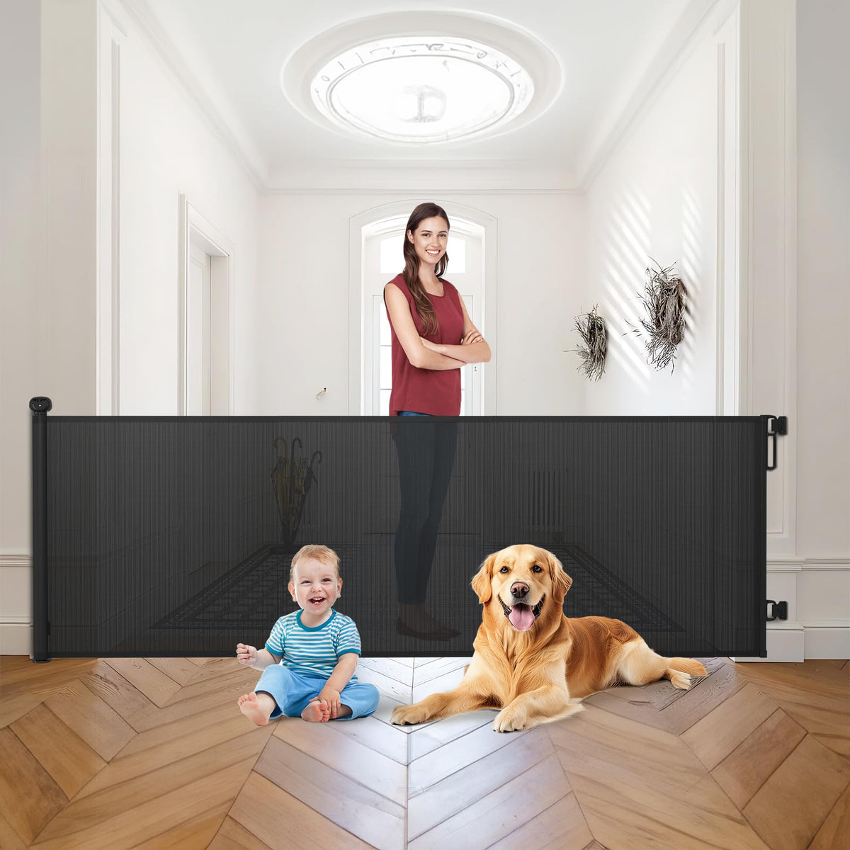 Retractable Baby Gate for Stairs, Dog Gate Indoor 55" Wide × 34" Tall Gray.