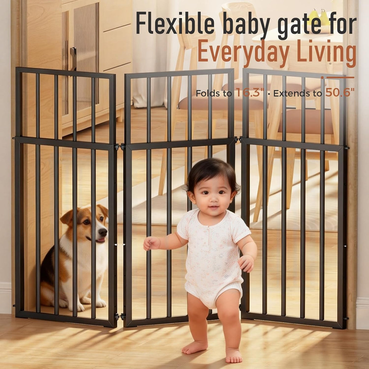 24~39.7" Adjustable Height Freestanding Dog Gate for Stairs 3-Panel Pet Gate for Stairs, Dog Fence Chewproof Steel Frame Baby Gate for Indoor Doorways, House, Porch, Deck, Yard (Black)