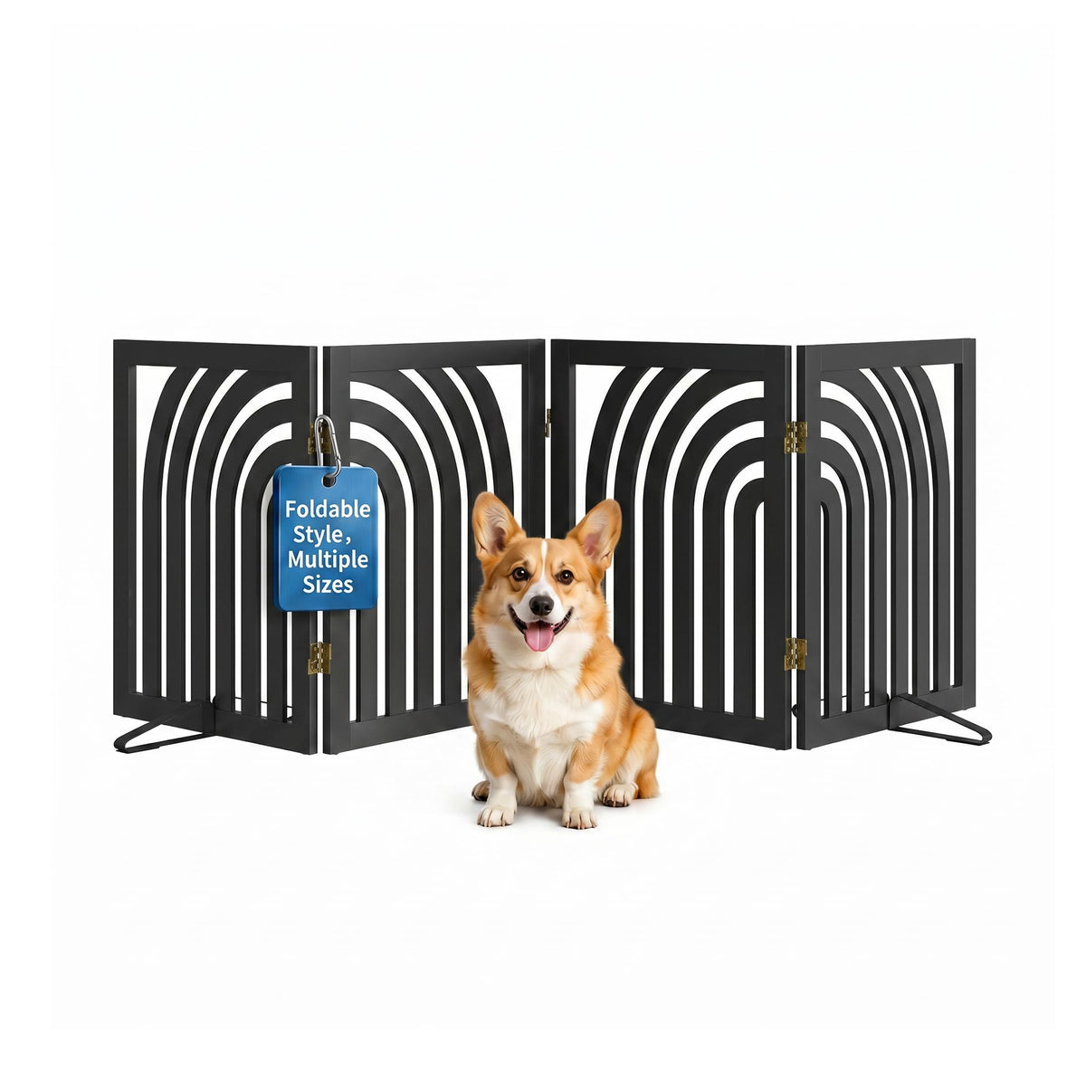 Semiocthome Dog Gate Wooden 360° Foldable 24 Inch Height Freestanding Pet Safety Gate with 2 Metals Stands for Puppy Indoor House Use (Brown, 2-Panel, Rounded Corner Pattern)