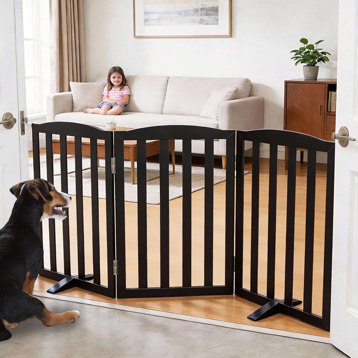 ZJSF Foldable Freestanding Indoor Dog Gate for House Wood White Long Pet Gates Dog Fence for Stairs Puppy Gates for Hallways,Pet Fence, Puppy Gate,Support Feet Included 24 "Height-3 Panels