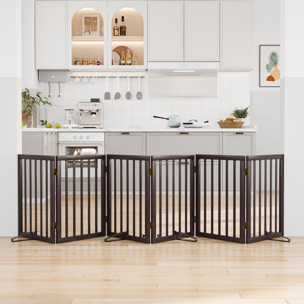 Freestanding Pet Gate Foldable Dog Gate (55 inches Wide) Walnut Bamboo Dog Gates for Stairs Doorways House (2 Support Feet Included)