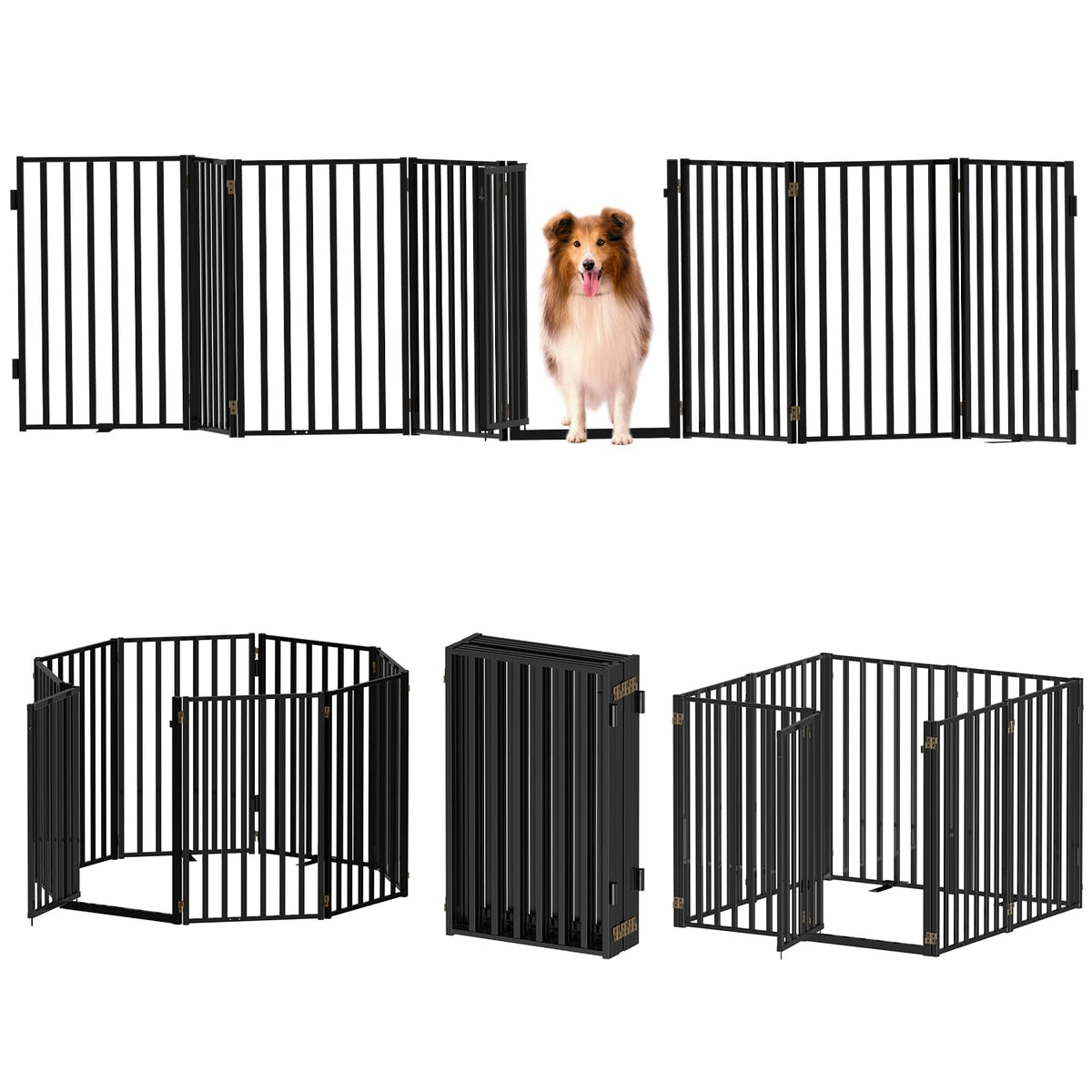 Full Metal Freestanding Dog Gates with Door, 36" Height Dog Fences for Indoor & Outdoor, Extra Wide Foldable Pet Gates for Stairs, Hallways, Doorways, Yard (4 Panels, 80" W × 36" H)