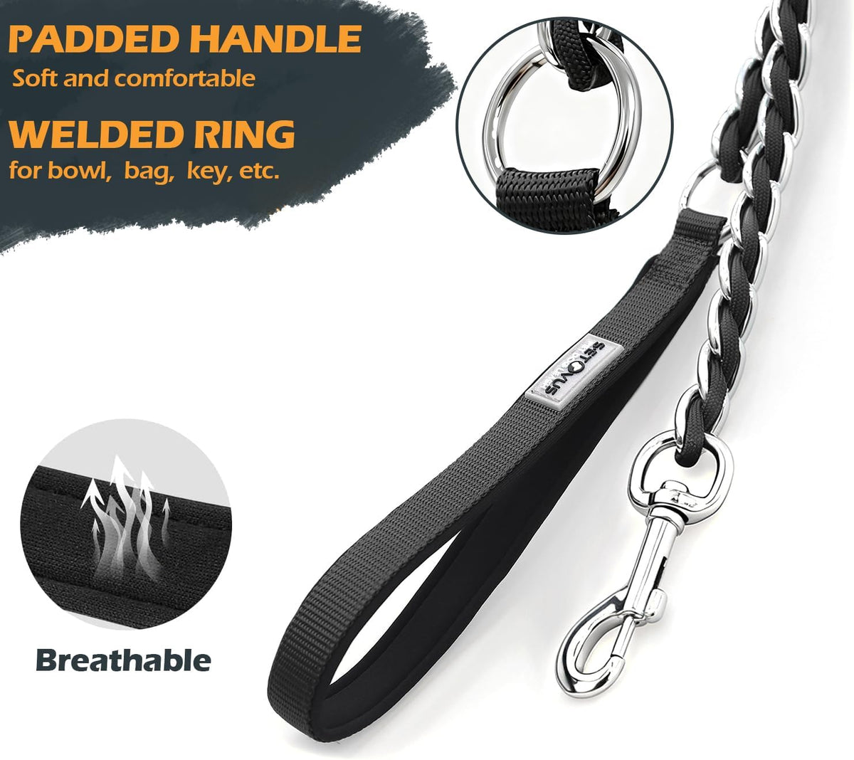 Chain Dog Leash, Bite-Proof Metal Leash, with Padded Handle，Black