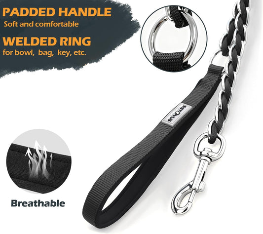 Chain Dog Leash, Bite-Proof Metal Leash, with Padded Handle，Black