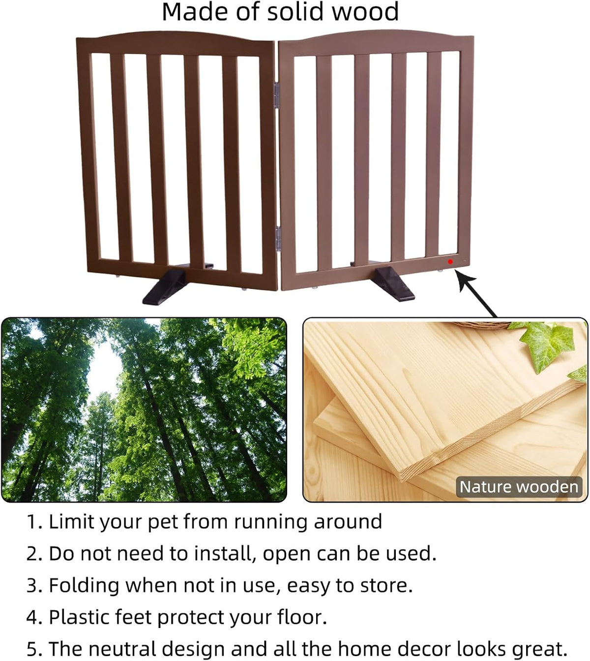 Freestanding Dog Gate Indoor,Doggie Gate Foldable Pet Gates for Doorways,Stairs or Hallways, Wooden Brown Pet Gate for the House, Pet Fence with Support Feet Included,24 "Height-2 Panels