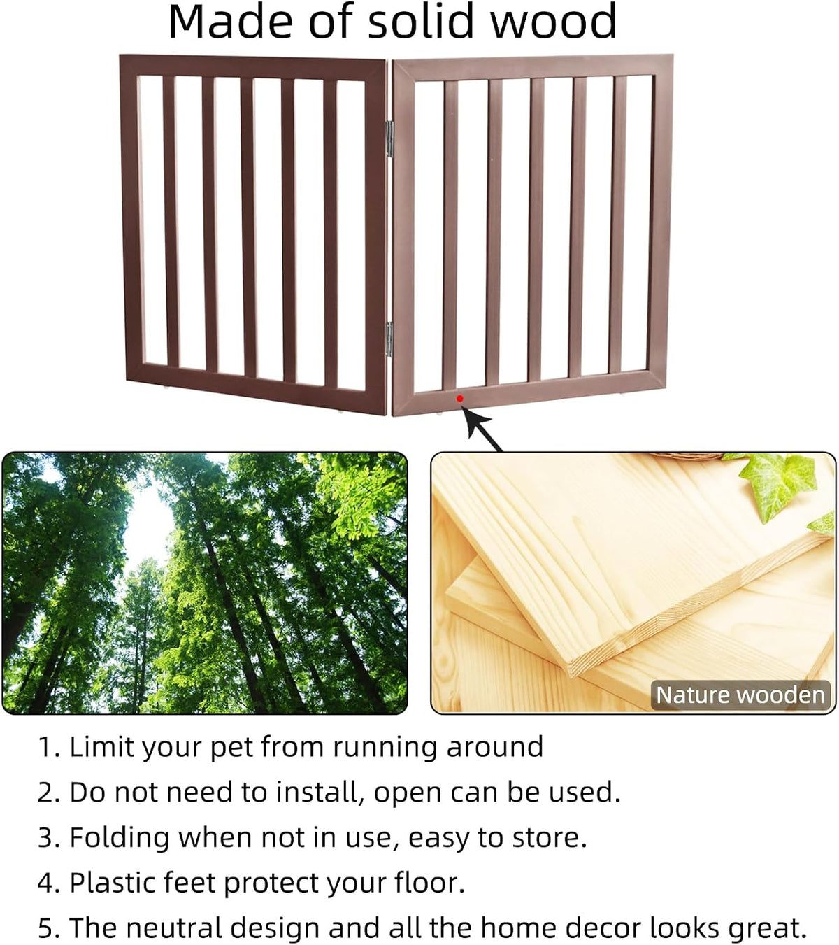 ZJSF Freestanding Indoor Dog Gate for House Foldable Wood Brown Puppy Gate for Doorways Pet Gate for Stairs Extra Wide Pet Fence 24" Height 2 Panels