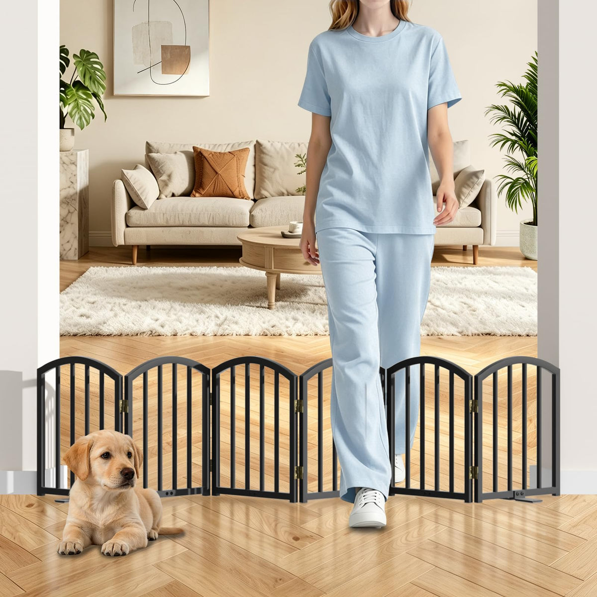 SNUOWU 16 Inch Full Metal Freestanding Short Dog Gate for Small Dogs, Foldable 4-Panel Pet Barrier, Expands Up to 48" Wide, Indoor Safety Fence for Doorway, Home & Stairs, White