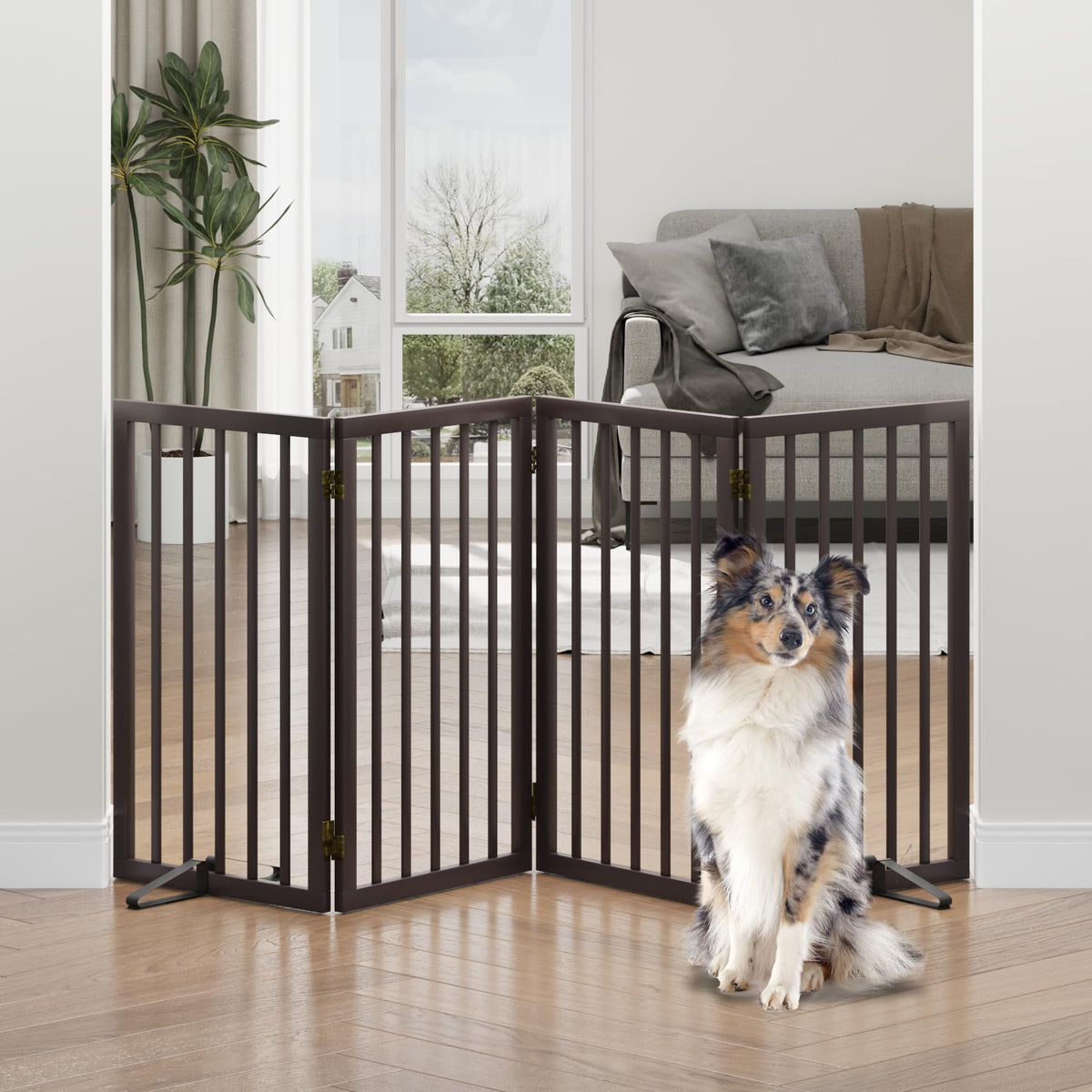 Dog Gates for Doorways, Tall Dog Gate Indoor, Foldable Pet Gates for Doorways Bedroom, Freestanding Puppy Gate with Metal Support Feet, Room Divider,3 Panels (Walnut)
