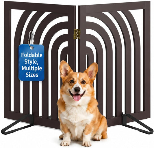Semiocthome Dog Gate Wooden 360° Foldable 24 Inch Height Freestanding Pet Safety Gate with 2 Metals Stands for Puppy Indoor House Use (Brown, 2-Panel, Rounded Corner Pattern)