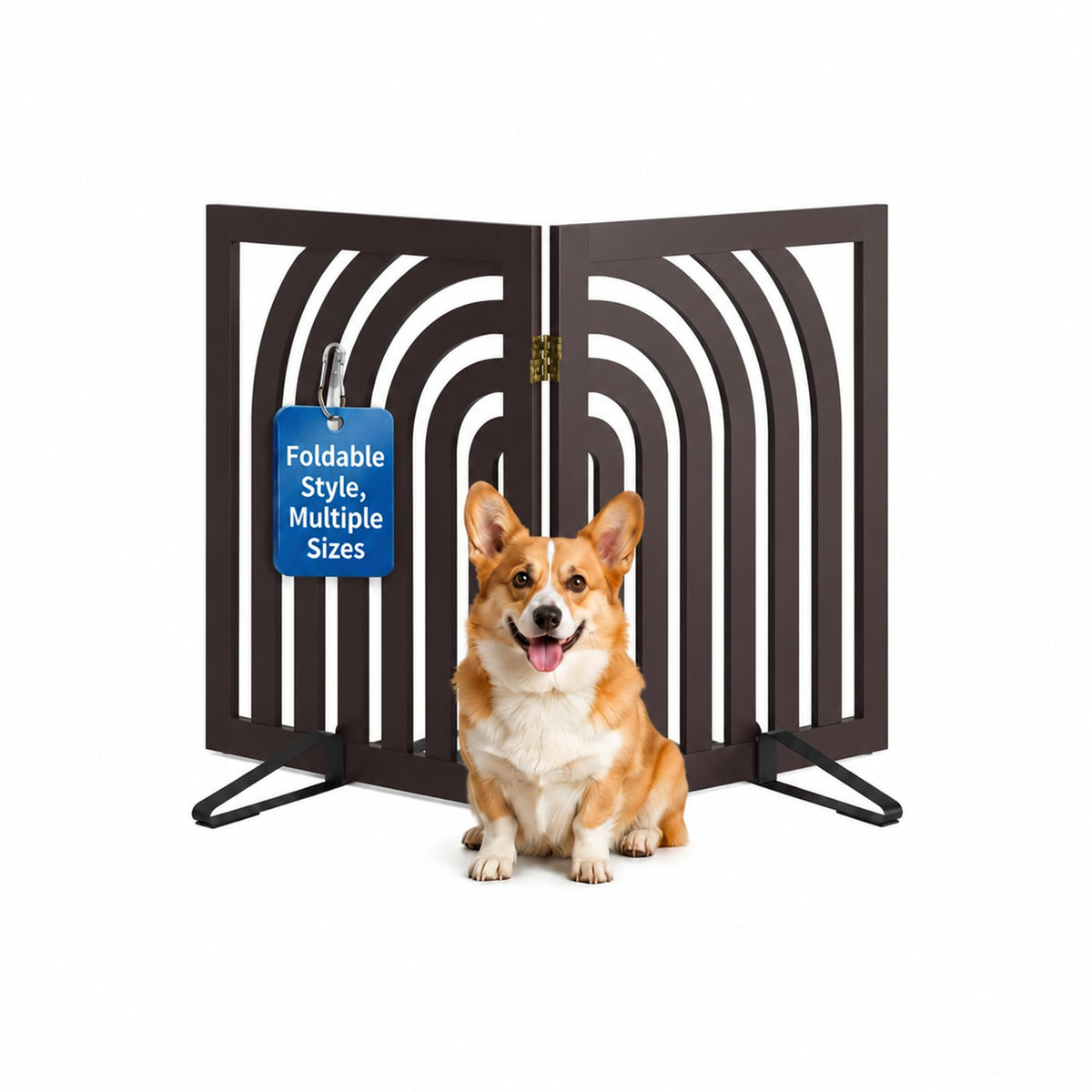 Semiocthome Dog Gate Wooden 360° Foldable 24 Inch Height Freestanding Pet Safety Gate with 2 Metals Stands for Puppy Indoor House Use (Brown, 2-Panel, Rounded Corner Pattern)